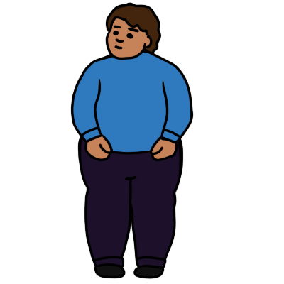 A person with achrondoplasia standing facing the viewer. They have light skin and brown hair and are wearing a blue long-sleeved shirt and dark blue trousers.